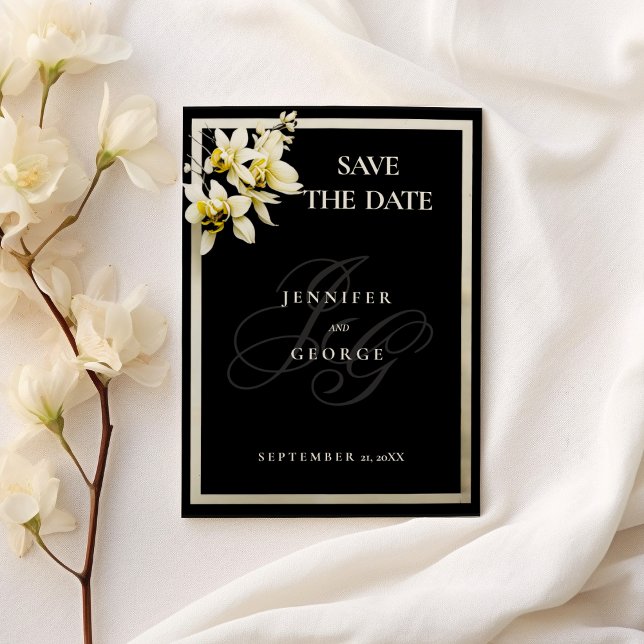 Svart elfenbensmonogram initialer orchid Spara dat Spara Datumet (Black ivory monogram initials orchid Save The Date)