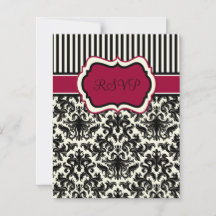Svart, elfenbensvit, rödrandig damask RSVP-kort