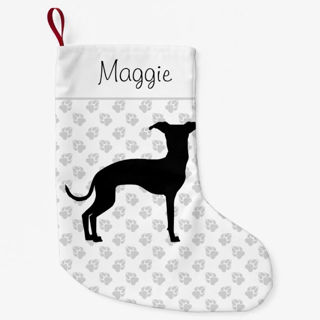 Svart (eller din Färg) italiensk Greyhound Silhoue Liten Julstrumpa (Framsidan)
