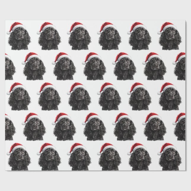 Svart engelsk cocker spaniel hund med tomtehatt presentpapper (Platt)