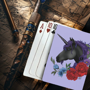 Svart enhörning Lila Midnatsträdgårdsblommor Casinokort