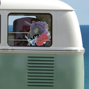 Svart enhörning Lila Midnatsträdgårdsblommor Klistermärken