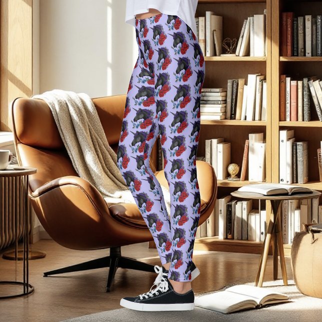 Svart enhörning lila midnatsträdgårdsblommor leggings (Skapare uppladdad)