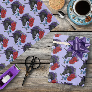 Svart enhörning lila midnatsträdgårdsblommor presentpapper