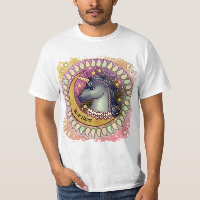 Svart Enhörning Måne  T Shirt (Framsida)
