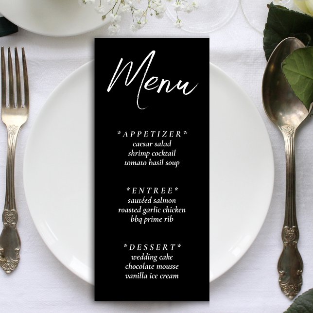 Svart enkel Elegant bröllop-mottagning Meny (Black Simple Elegant Wedding Reception Menu)