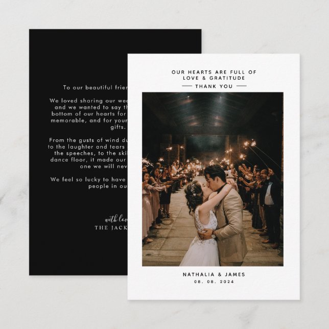 Svart enkel Elegant med Photo Bröllop Tack Kort (Fram/baksida)