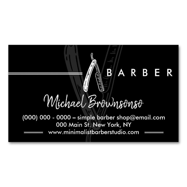 Svart Enkel Logo Rakhyvel Barberare Magnetiska Visitkort (Framsida)