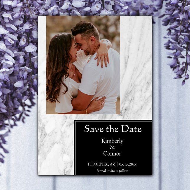 Svart Enkel Marmorerad Foto Spara Datumet (Black Simple Marbled Photo Save the Date)