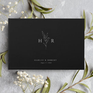 Svart enkel minimal monogram botaniskt Bröllop Gästböcker