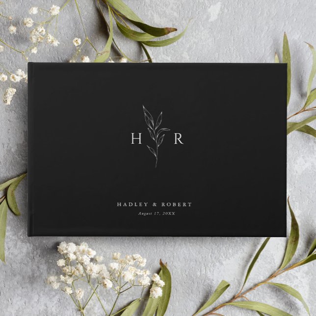 Svart enkel minimal monogram botaniskt Bröllop Gästböcker (Skapare uppladdad)