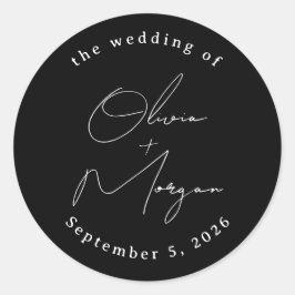 Svart enkel, minimalistisk skriptkalligrafi Bröllo Runt Klistermärke