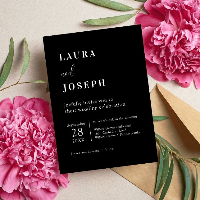 Svart Enkel Modern Minimalistisk Bröllop Inbjudningar (Black simple modern minimalist wedding invitation sets a bold, elegant tone for your ceremony.)