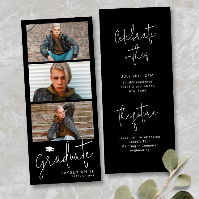 Svart Enkel Modern Skrift 3 Foto Examen  Inbjudningar (Black Simple Modern Script 3 Photo Graduation Invitation)