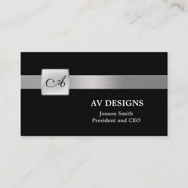 Svart enkel Monogram och silvervisitkort Visitkort (Framsida)