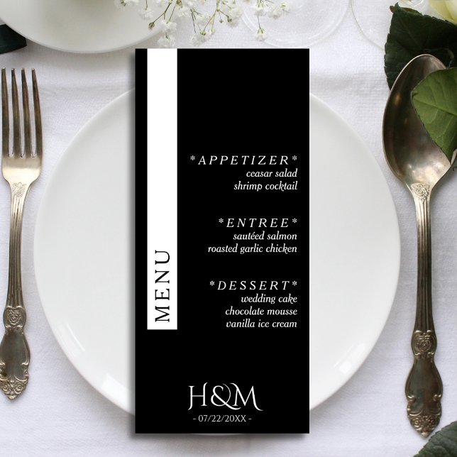 Svart enkel Rand-middagsbröllopsmottagning Meny (black and white wedding menu)