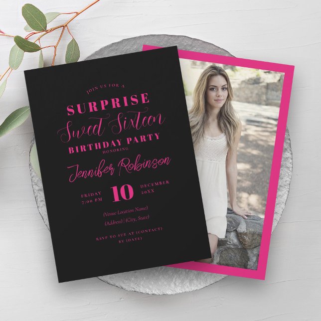 Svart, enkel Shock rosa-foto-SURPRISE Sweet 16 Inbjudningar (Simple Hot Pink Black Photo SURPRISE Sweet 16 Invitation)