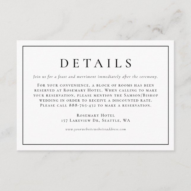 Svart enkel typografi Formell Bröllop-information Tilläggskort (Framsida)