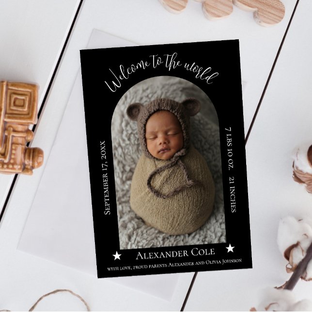 Svart enkelt Arch Ram-fotofödelsemeddelande Meddelande (Black Simple Arch Frame Photo Birth Announcement)