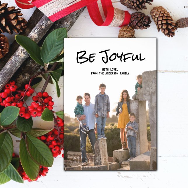 Svart, enkelt skript, var Glatt, fotoplatt kort (Black Simple Script Be Joyful Holiday Photo Card)