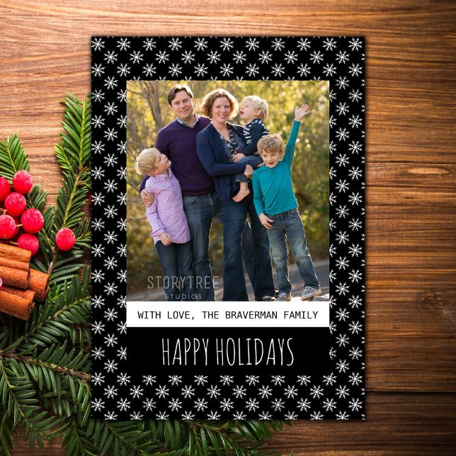 Svart, enkelt snöflingat-Helgdag-foto-plattkort Julkort (Black Simple Snowflake Holiday Photo Card)