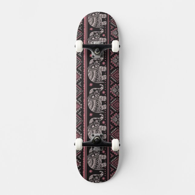 Svart etniskt elefantmönster skateboard bräda 21,5 cm (Framsida)