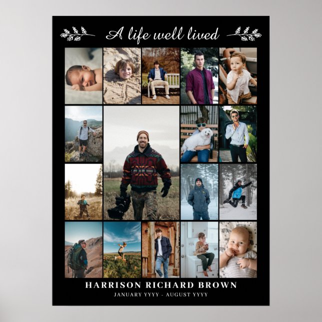 Svart Ett Liv Väl Levt 17 Fotokollage Minnesstund Poster (Framsidan)