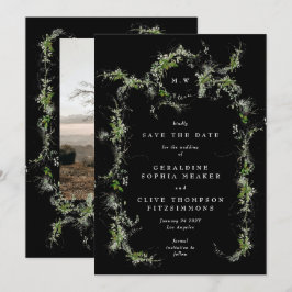 Svart Eukalyptus Krans Monogram Foto Bröllop Spara Datumet