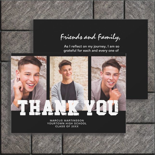 Svart examensfirande 3 Foto Tack  Kort (Black and white 3-photo graduation "Thank You" card.)