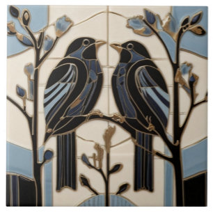 Svart fågel Art nouveau Bird Art Deco Black Bird Kakelplatta