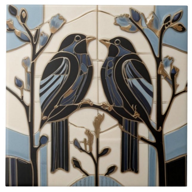 Svart fågel Art nouveau Bird Art Deco Black Bird Kakelplatta (Skapare uppladdad)