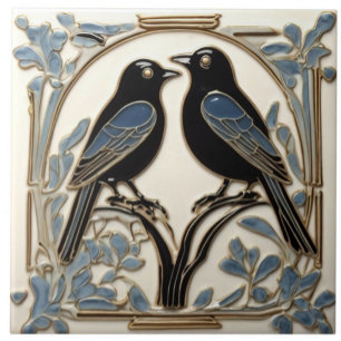 Svart fågel Art nouveau Bird Art Deco Black Birds Kakelplatta