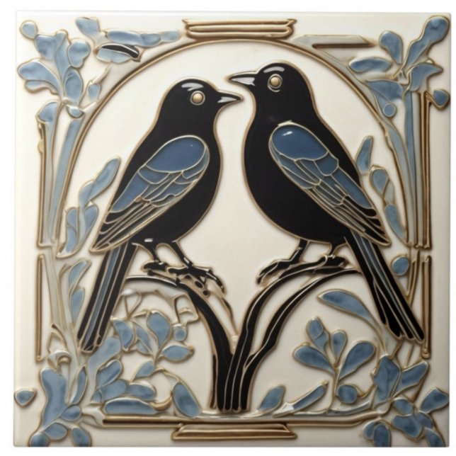 Svart fågel Art nouveau Bird Art Deco Black Birds Kakelplatta (Skapare uppladdad)