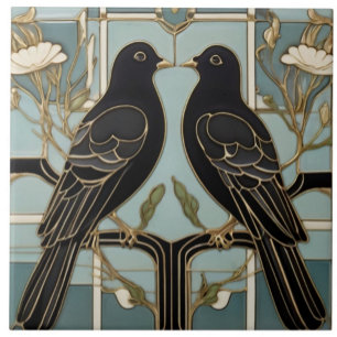 Svart fågel Art nouveau Bird Art Deco dove duva Kakelplatta