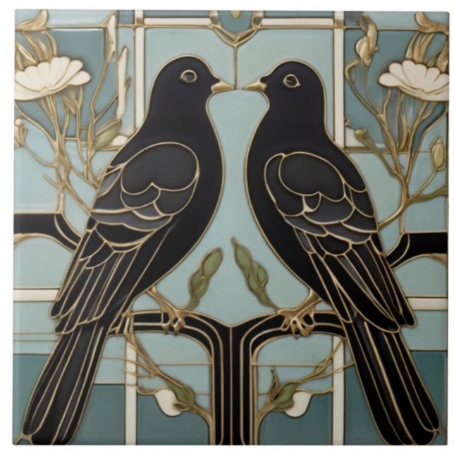 Svart fågel Art nouveau Bird Art Deco dove duva Kakelplatta (Skapare uppladdad)