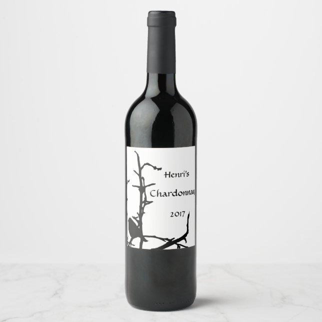 Svart fågel på Träd Vita Vin-etiketten Vinflaska Etikett (Framsida)