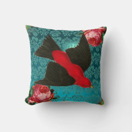 SVART FÅGEL, ROSA ROS AQUA BLUE,TEAL DAMASK KUDDE