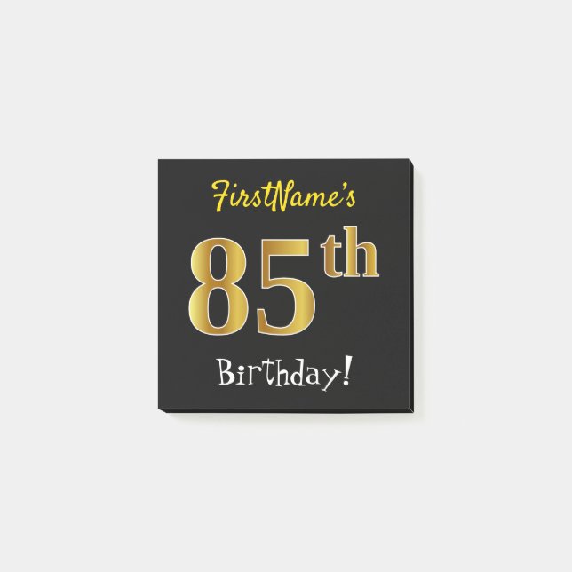 Svart, Falskt Guld 85-årsdag, Med Anpassat Namn Post-it Block (Framsida)