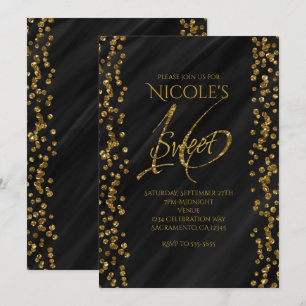 Svart & Falskt Guld Glitter Glamour SWEET 16 Sexto Inbjudningar