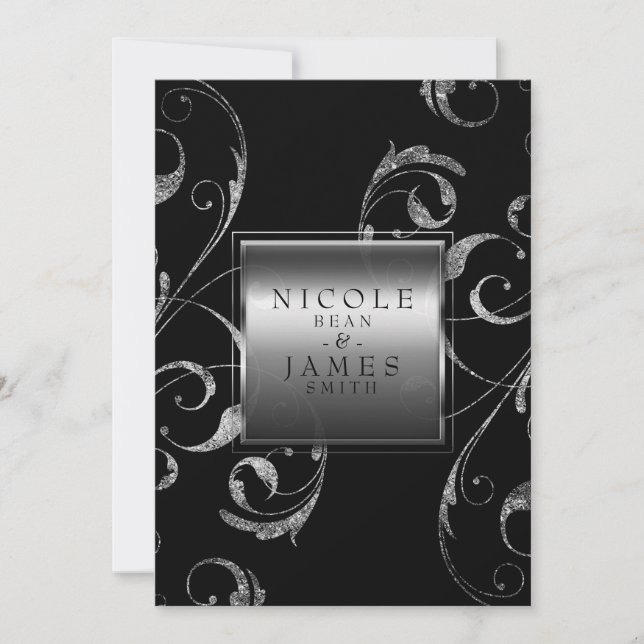 Svart & Falskt Silver Glas Blommig Virvel Elegant Inbjudningar (Framsida)