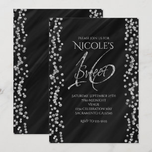 Svart & Falskt Silver Glitter Glam SWEET 16 Sexton Inbjudningar