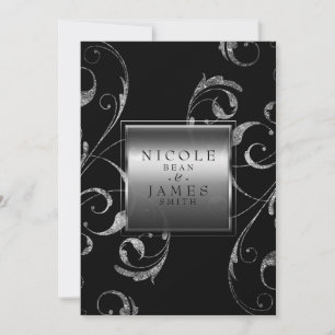 Svart & falskt silverglas blomvirvel elegant inbjudningar
