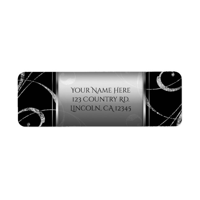 Svart & falskt silverglas blomvirvel elegant returadress etikett (Framsidan)