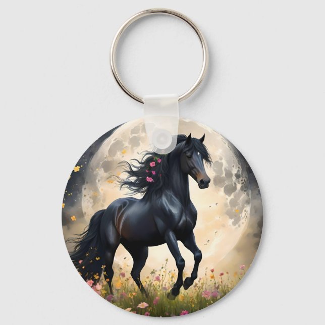 Svart Fantasy Horse framför Måne. Nyckelring (Framsida)