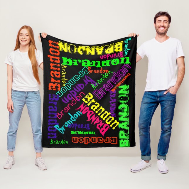 Svart färgglatt neonnamn collage fleecefilt (På plats)