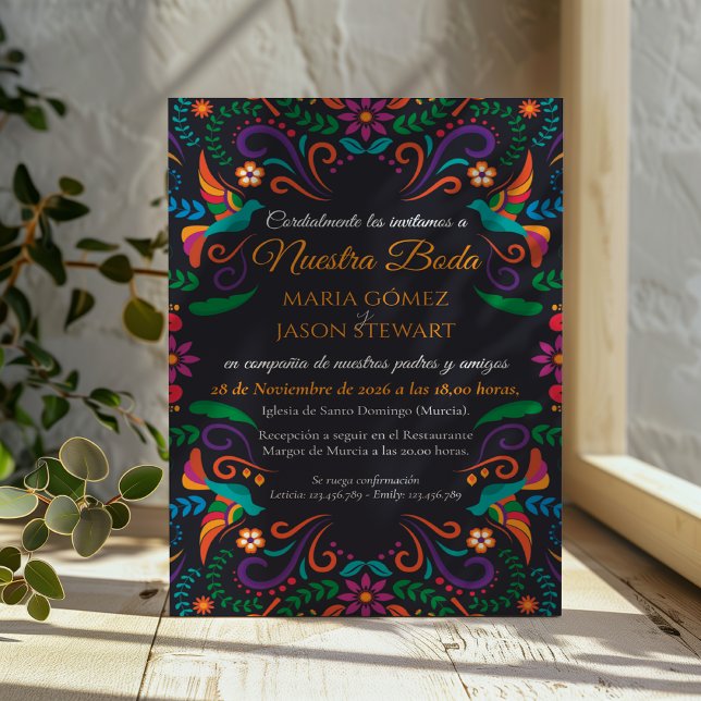 Svart Färgrik Blommig Nuestra Boda Spansk Bröllop Inbjudningar (Black Colorful Floral Nuestra Boda Spanish Wedding Invitation)