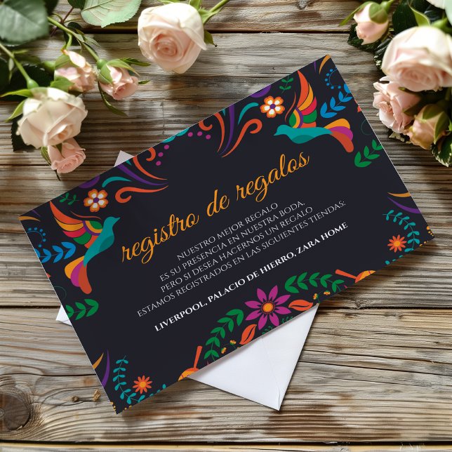 Svart Färgrik Blommig Nuestra Boda Spansk Bröllop Tilläggskort (Black Colorful Floral Nuestra Boda Spanish Wedding Enclosure Card)