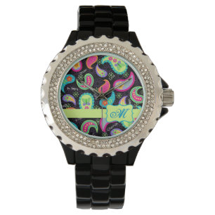 Svart färgrik modern Paisley mönsterMonogram Armbandsur