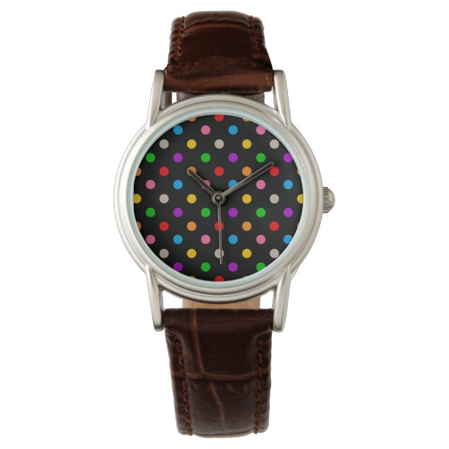 Svart Färgrik Regnbåge Prickar Design  Armbandsur (Framsida)