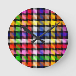 Svart Färgrik Tvillingrutig Tartan Design  Rund Klocka